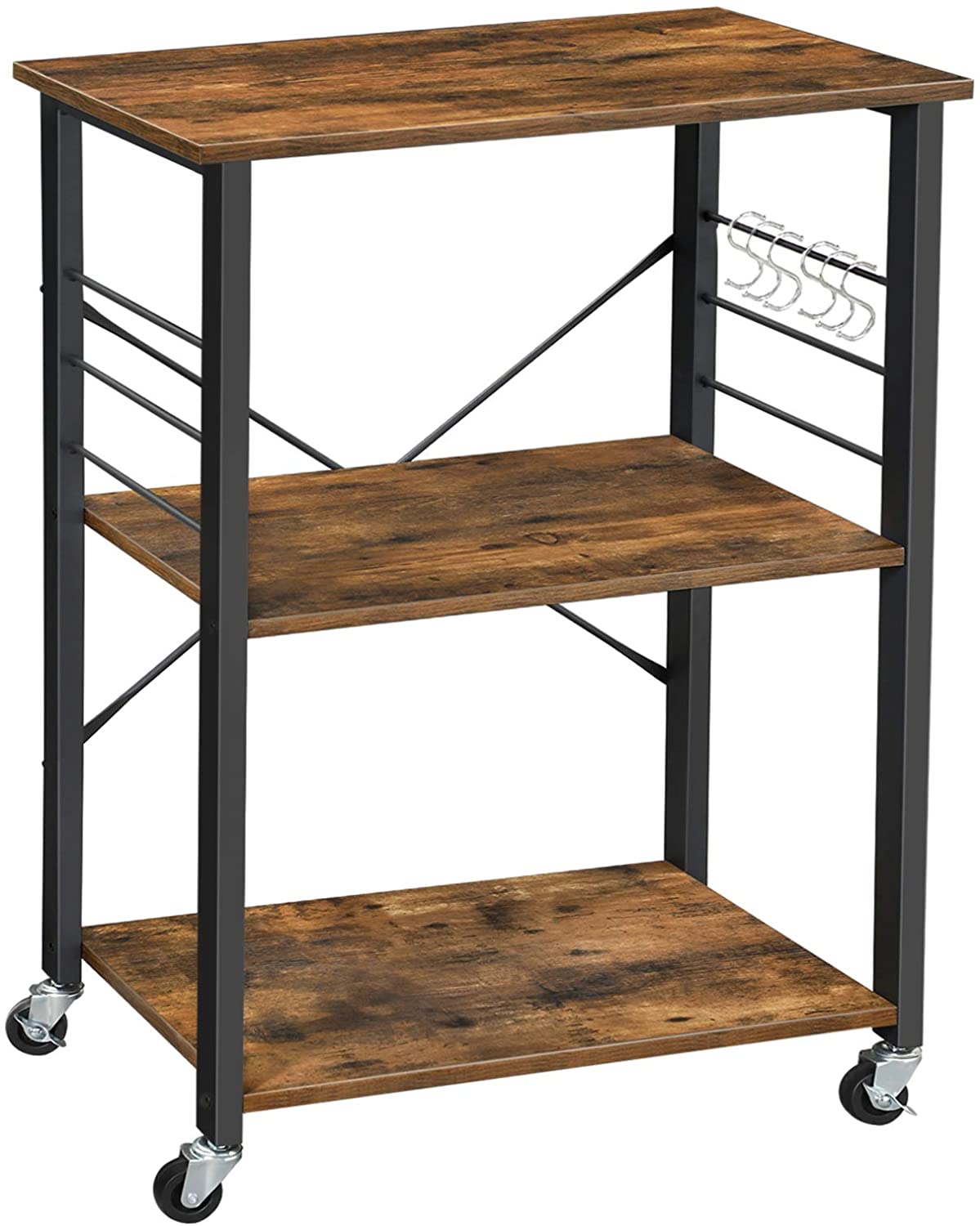 Kitchen Baker's Rack, 3-Tier Serving Cart with Metal Frame and 6 Hooks, Rustic Brown